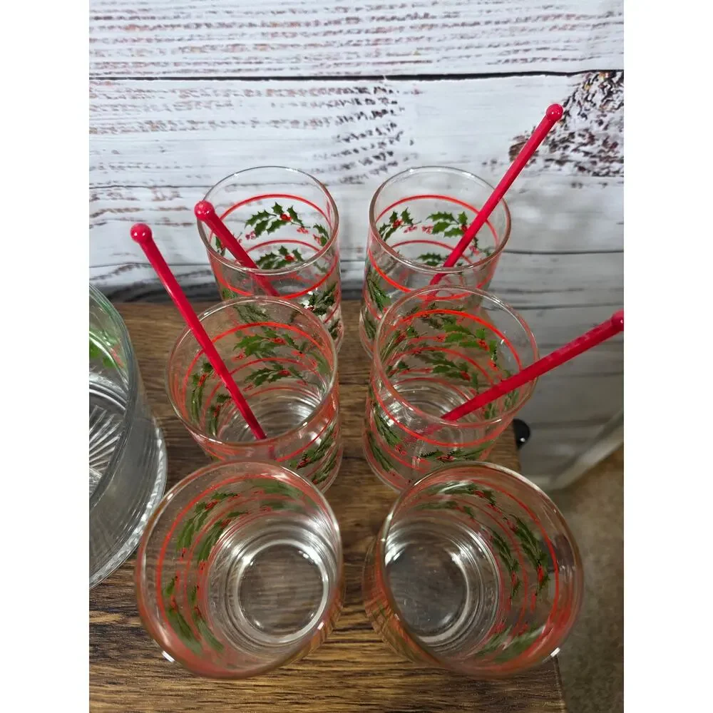 Vintage Indiana Glass Christmas Holly Hostess Set Ice Bucket Glasses READ